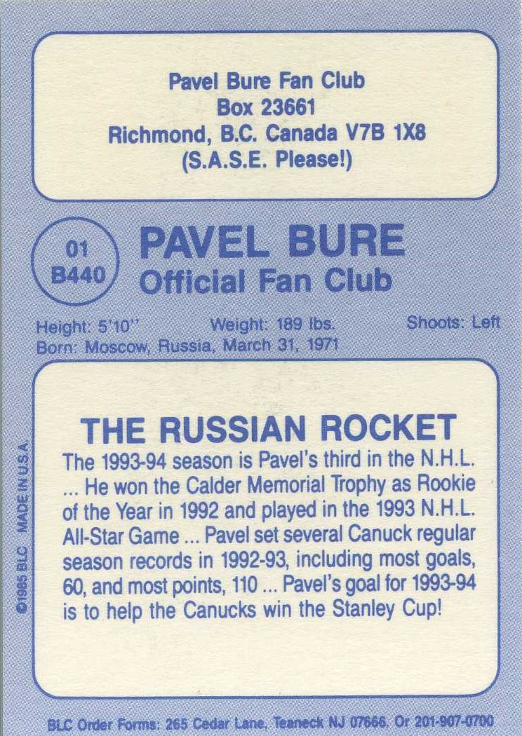 1993-94 Pavel Bure Fan Club #NNO